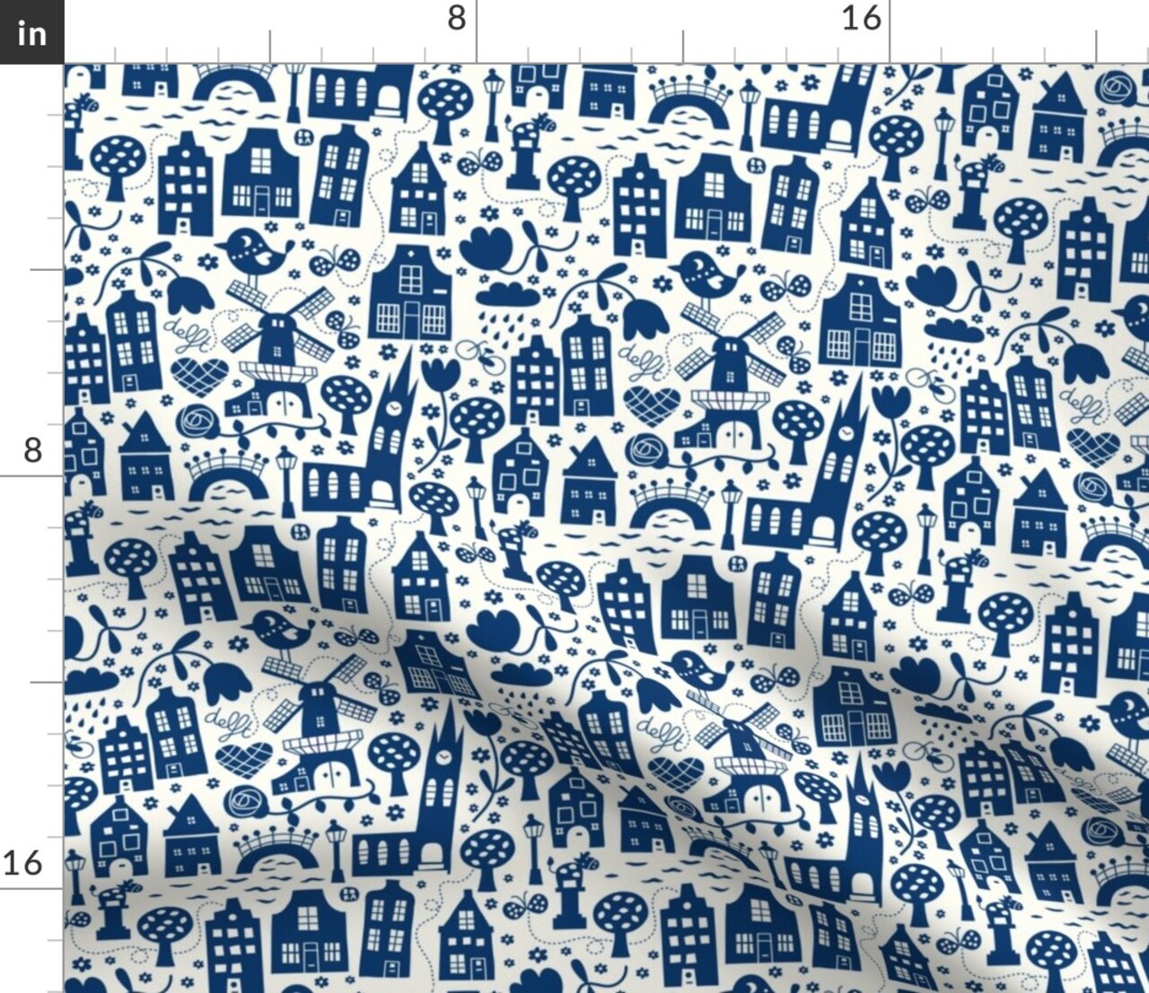 Delft Dutch Windmill Blue Folk Art Travel City Old Custom Printed Fabric by Spoonflower Various Fabrics by the Yard or Fat Quarter